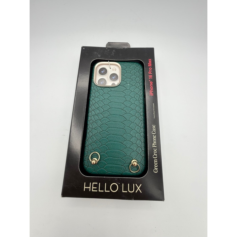 Hello Lux Phone Case iPhone 16 Pro Max Green New Croc Pattern Gold Accents